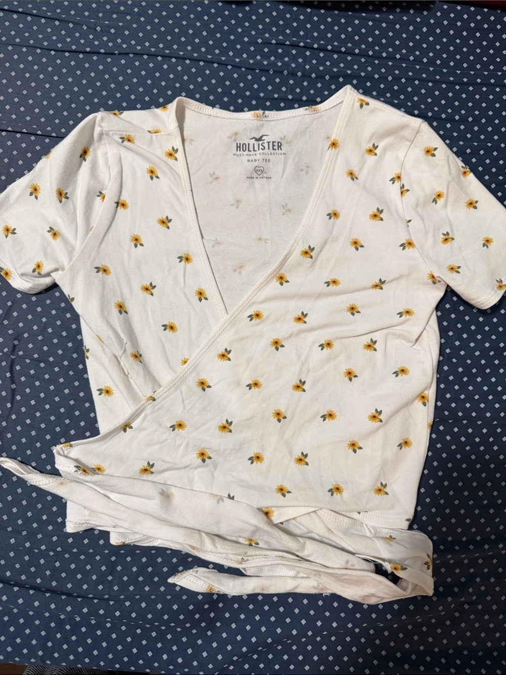 Hollister White Wrap Top with Yellow Sunflower Print